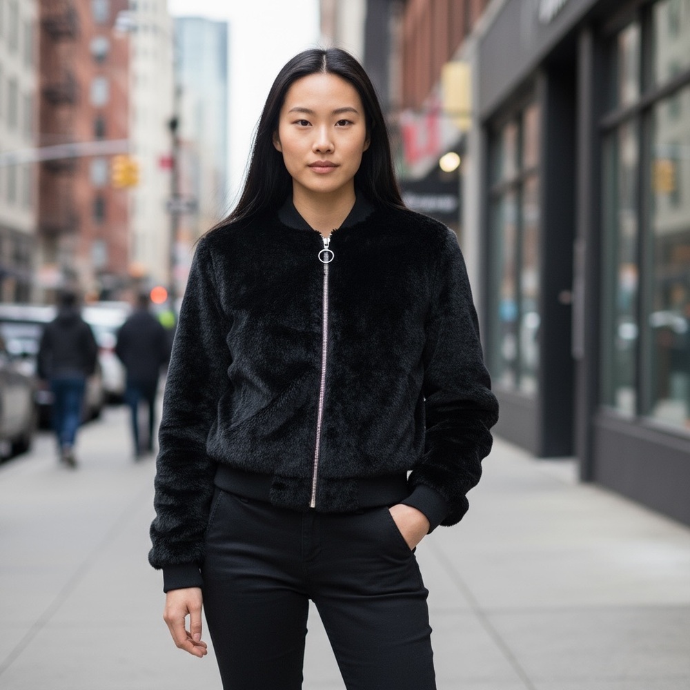 Seek The Label Black Cropped Faux Fur Bomber Jacket Size S Fall Cozy Everyday